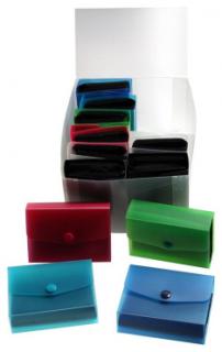 Visitenkarten-Etui / Visitenkartentaschen / Sichttaschen für 60 Karten, quer, aus PP,  mit Klappe und Druckknopf, Farbe: transparent farbig sortiert - 12 Etuis