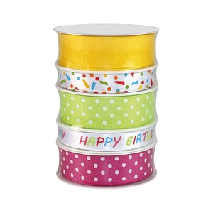 PRÄSENT Geschenkband Geburtstag satiniert bunt/gelb/hellgrün/pink 15,0/25,0 mm x 5x 3,0 m
