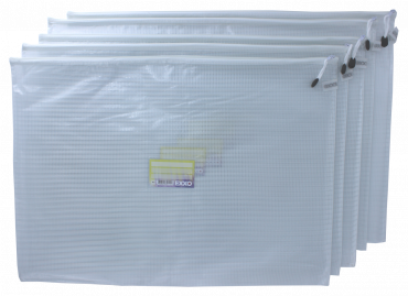 Kleinkrambeutel A2 Mesh Bag Reißverschlussbeutel aus faserverstärkter PVC-Folie mit weißem Reißverschluss – 5 Stück