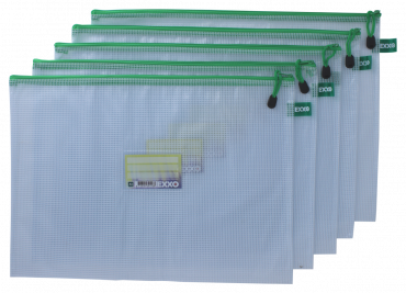 Kleinkrambeutel A3 Mesh Bag Reißverschlussbeutel aus faserverstäkrter PVC-Folie mit grünem Reißverschluss – 5 Stück