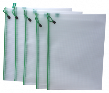 Kleinkrambeutel A3+ Mesh Bag Reißverschlussbeutel aus faserverstärktem EVA, PVC-Frei, ECO-Friendly, mit grünem Reißverschluss – 5 Stück