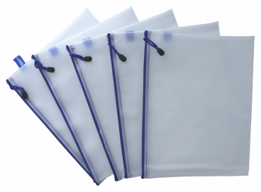 Kleinkrambeutel A4+ Mesh Bag Reißverschlussbeutel aus faserverstärktem EVA PVC-Frei mit blauem Reißverschluss – 5 Stück