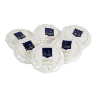 Hartseife, Spa Cremeseife rund á 15 g in Plisee-Papier | 500 Stück mild, angenehm schäumend mit Easy opening Folienaufkleber 