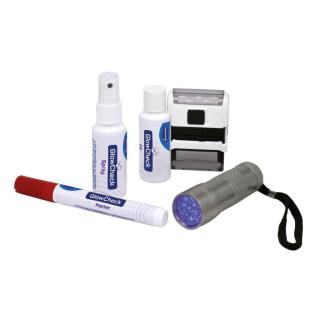 Glow Check 5-teiliges Test-Kit | Set optische Durchführungskontrolle von Reinigungs- und Desinfektionsmaßnahmen mit UV-Licht und Spezialstempelfarbe