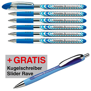AKTION: 6 Schneider Kugelschreiber Slider Basic blau Schreibfarbe blau + GRATIS Slider Kugelschreiber Rave, blau