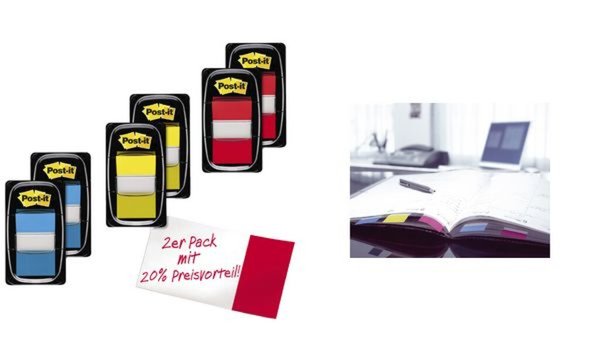 3M Post-it Index, rot, schmal, 2 x 50 Haftstreifen Maße: 25,4 x 43,2 mm, im Ein