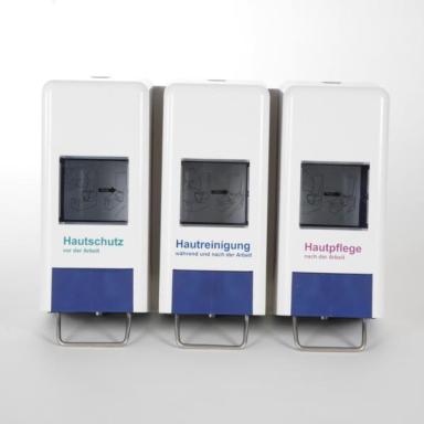 3er-System-Spender "Trispender" geschlossen für 1000/2000 ml Softflaschen/Faltflaschen, 1 x Hautschutz-, 1 x Hautreinigungs- 1 x Hautpflegemittel