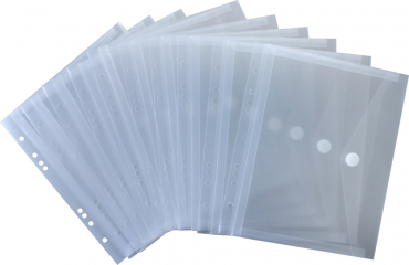 Dokumententaschen Sammelmappen Sichttaschen A5 quer transparent natur - Dokumentenmappe zum Abheften mit EURO-Lochung, Dehnfalte, Abheftrand, Klappe und Klettverschluss, NEUTRAL - 10 Stück