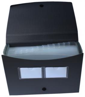 EXXO by HFP Fächertasche / Aktentasche / Sammeltasche, passend für A4 Unterlagen, 12 Fächer, aus PP, dehnbare Fächer, mit Klarsicht-Taben, Klettverschluss und Namensschildtaschen, Farbe: schwarz – 1 Stück