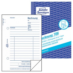ZWECKFORM AVERY Zweckform Formularbuch "Rechnung", A6, 2 x 50 Blatt 2. Blatt oh