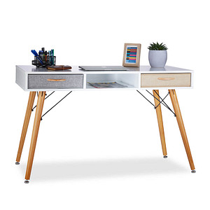 relaxdays Schreibtisch weiß rechteckig 4-Fuß-Gestell braun 125,0 x 60,0 cm