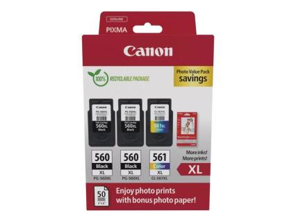 Canon PG-560XLx2/CL-561XL  schwarz, color Druckköpfe + Fotopapier, 3er-Set