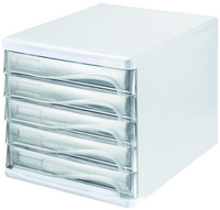 HELIT Schubladenbox, 5 Schübe, lichtgrau/glasklar aus Polystyrol/ABS, stapelbar