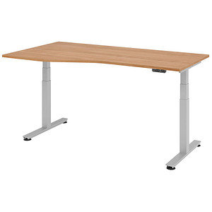 HAMMERBACHER VXDSM18 höhenverstellbarer Schreibtisch nussbaum Trapezform T-Fuß-Gestell silber 180,0 x 100,0 cm