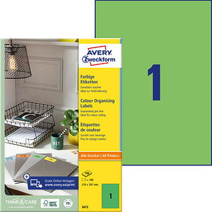 ZWECKFORM AVERY Universal-Etiketten, 210 x 297 mm, grün ohne Rand (3472)