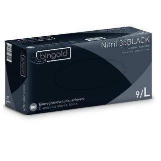 Einweghandschuhe Nitril puderfrei, schwarz "BINGOLD Nitril 35Black", 100 Stück/Box | Größe L unsteril, AQL 1,5, PSA-Kat.  III, Medizinprodukt Klasse 1, ehemals "BINGOLD Nitril 35"