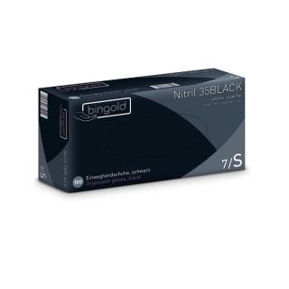 Einweghandschuhe Nitril puderfrei, schwarz "BINGOLD Nitril 35Black", 100 Stück/Box | Größe S unsteril, AQL 1,5, PSA-Kat.  III, Medizinprodukt Klasse 1, ehemals "BINGOLD Nitril 35"