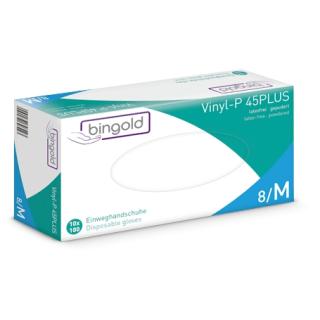 Einweghandschuhe Vinyl gepudert "BINGOLD Vinyl-P 45PLUS", transparent, 100 Stück/Box | Größe L  AQl 1,5, EN 455, Wandstärke min. 0,05 mm, für Lebensmittel geeignet (außer ölige/fettige Lebensmittel)