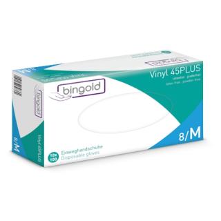 Einweghandschuhe Vinyl "Bingold Vinyl 45PLUS", puderfrei, transparent, 100 Stück/Box | Größe LAQL 1,5, EN 455, Wandstärke min 0,05 mm, für Lebensmittel geeignet (außer für ölige und fettige Lebensmittel)