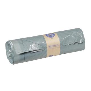 Müllbeutel 60 Liter, 30 µ, Typ 60, LDPE - Regenerat grau, 640 x 710 + 50 mm | 25 Stück/Rolle mit Zugband, Polyethylen, Zertifizierung Blauer Engel