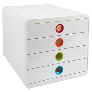 Exacompta Schubladenbox POP-BOX  weiß mit bunten Grifflöchern DIN A4 mit 4 Schubladen