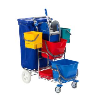 Reinigungswagen/Stufenwagen "SOLID SW 20" verchromt | 2 x 17 Liter mit 2 großen Kunststoffrädern hinten, 2 x 17-Liter-Eimer, Presse, Ablageschale, Abfalleinheit, Seiteneimer inkl. Halter