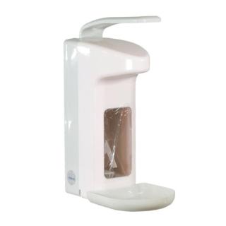 Armhebelspender für  500-ml-Flaschen, Farbe weiß/grau mit Auffangschale/Tropfschale, Gehäuse und Armhebel aus Kunststoff, geschlossenes System