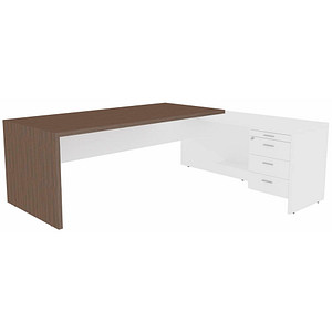 Quadrifoglio T45 Schreibtisch eukalyptus, weiß L-Form Wangen-Gestell eukalyptus 200,0 x 194,0 cm