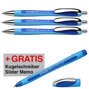 AKTION: 3 Schneider Kugelschreiber Slider Rave blau Schreibfarbe blau + GRATIS Schneider Kugelschreiber Slider Memo XB