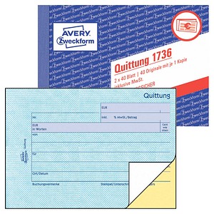 ZWECKFORM AVERY Zweckform Formularbuch "Quittung", SD, A6 quer 2 x 40 Blatt, 1.