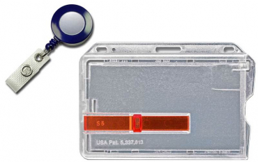 Kartenhalter / Cardholder / Namensschild, passend für 1 Karte, mit rotem Ausschieber, mit Rundlöchern und Langloch, aus Polykarbonat, inkl. Jojo Ausweishalter mit Runder Form und Druckknopfschlaufe, Farbe: transparent matt/Blau - 20 Stück