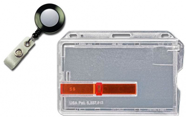 Kartenhalter / Cardholder / Namensschild, passend für 1 Karte, mit rotem Ausschieber, mit Rundlöchern und Langloch, aus Polykarbonat, inkl. Jojo Ausweishalter mit Runder Form und Druckknopfschlaufe, Farbe: transparent matt/schwarz - 20 Stück