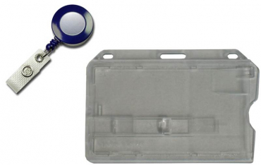 Kartenhalter / Cardholder / Namensschild, passend für 1 Karte, mit transparentem Ausschieber, mit Rundlöchern und Langloch, aus Polykarbonat, inkl. Jojo Ausweishalter mit Runder Form und Druckknopfschlaufe, Farbe: transparent matt/schwarz - 20 Stück