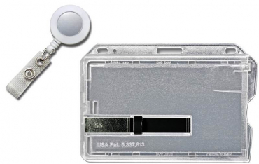 Kartenhalter / Cardholder / Namensschild, passend für 1 Karte, mit schwarzem Ausschieber, mit Rundlöchern und Langloch, aus Polykarbonat, inkl. Jojo Ausweishalter mit Runder Form und Druckknopfschlaufe, Farbe: transparent matt/weiss - 20 Stück