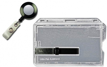 Kartenhalter / Cardholder / Namensschild, passend für 1 Karte, mit schwarzem Ausschieber, mit Rundlöchern und Langloch, aus Polykarbonat, inkl. Jojo Ausweishalter mit Runder Form und Druckknopfschlaufe, Farbe: transparent matt/schwarz - 20 Stück