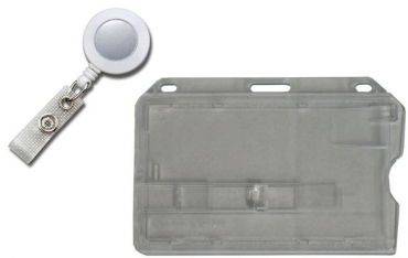 Kartenhalter / Cardholder / Namensschild, passend für 1 Karte, mit transparentem Ausschieber, mit Rundlöchern und Langloch, aus Polykarbonat, inkl. Jojo Ausweishalter mit Runder Form und Druckknopfschlaufe, Farbe: transparent matt/weiss - 20 Stück