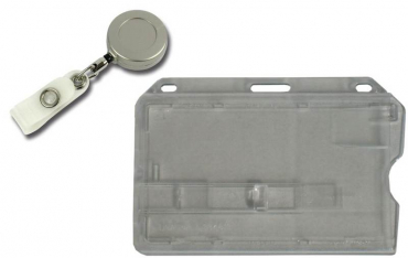 Kartenhalter / Cardholder / Namensschild, passend für 1 Karte, mit transparentem Ausschieber, mit Rundlöchern und Langloch, aus Polykarbonat, inkl. Jojo Ausweishalter mit Runder Form, Gürtelclip und Druckknopfschlaufe, aus Metall, Farbe: transparent matt/