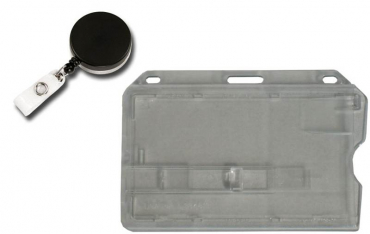 Kartenhalter / Cardholder / Namensschild, passend für 1 Karte, mit transparentem Ausschieber, mit Rundlöchern und Langloch, aus Polykarbonat, inkl. Jojo Ausweishalter mit Runder Form, Gürtelclip und Druckknopfschlaufe, aus Metall, Farbe: transparent matt/