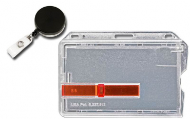 Kartenhalter / Cardholder / Namensschild, passend für 1 Karte, mit rotem Ausschieber, mit Rundlöchern und Langloch, aus Polykarbonat, inkl. Jojo Ausweishalter mit Runder Form, Gürtelclip und Druckknopfschlaufe, aus Metall, Farbe: transparent matt/schwarz-
