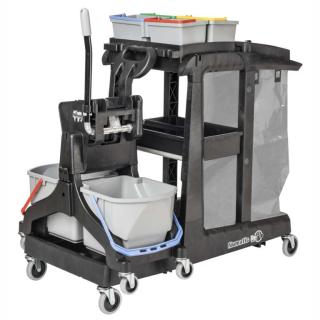 Reinigungswagen "EcoMatic EM 3B", anthrazit | 2 x 16 Liter inklusive 120 Liter Abfalleinheit, 4 x 5 Liter Oberflächeneimer, mit Doppelfahrwagen MidMop Black