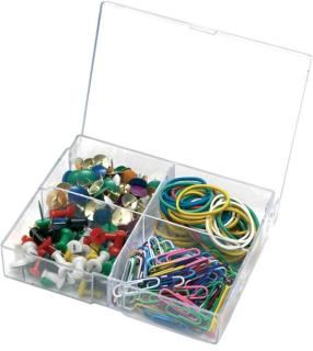 Sortimentsdose mit Gummiringen/ Pinwandnadeln/Briefklammern und