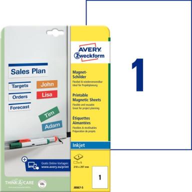 AVERY Magnet Schilder für Inkjet 210x297mm microp. Ink 5 Boegen DIN A4 spezialb