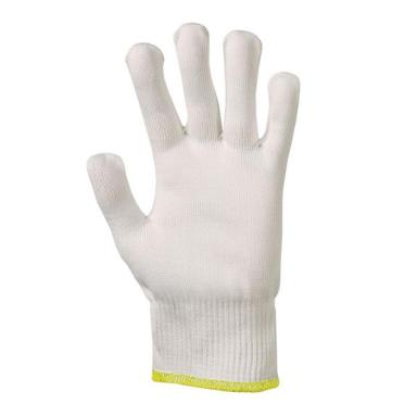 Arbeitsschutzhandschuh/Strickhandschuhe Kategorie I, schnitthemmend, leichte Qualität, optisch weiß | Größe 10 gelber Rand außen Polyamidseide (PAS), innen Baumwolle (CO), EN420, EN388:2003 Mechanische Risiken: 2140