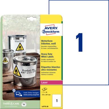 Avery Zweckform wetterfeste Folien-Etiketten L4775-20, 210 x 297 mm, 10 Etikett