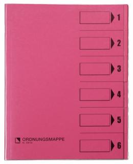 Ordnungsmappe, 6 Fächer, rosa, A4, Mappe - Karton 250 g/m2, mit