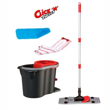 Bodenreinigungsset "CLICK 'N' TWIST" inklusive Wischeimer mit Schleudersystem, Mopphalter, Moppbezug, Magnetstaubtuch und höhenverstellbaren Aluminiumstiel