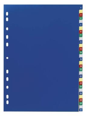 DURABLE Kunststoff-Register, Zahlen, A4, 31-teilig, 1 - 31 farbig, mit geprägte
