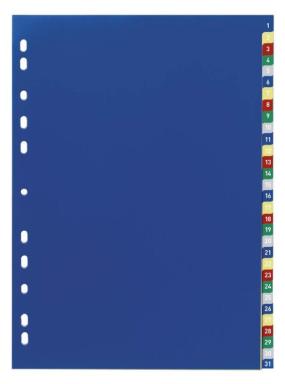 DURABLE Kunststoff-Register, Zahlen, A4, 31-teilig, 1 - 31 farbig, mit geprägte