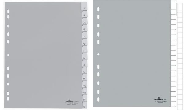DURABLE Kunststoff-Register, blanko, A4, 15-teilig, grau Universallochung, mit 