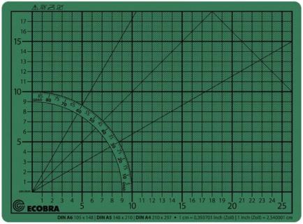 Schneidematte, 30x22cm, grün/schwarz 5-lagig, bedruckt mit 10-und 50mm